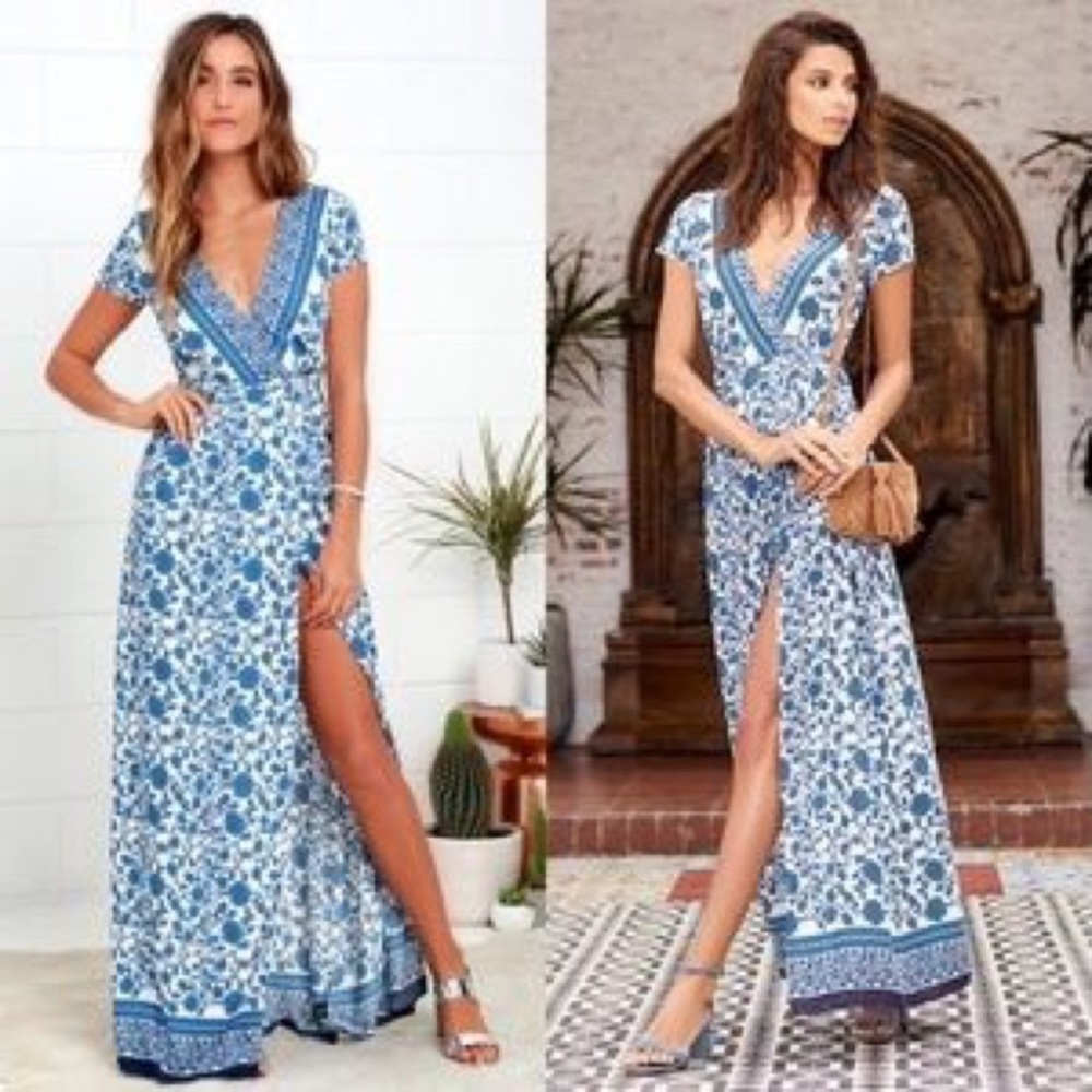 BNWT M Lulu’s French Doors Blue Floral Wrap Maxi